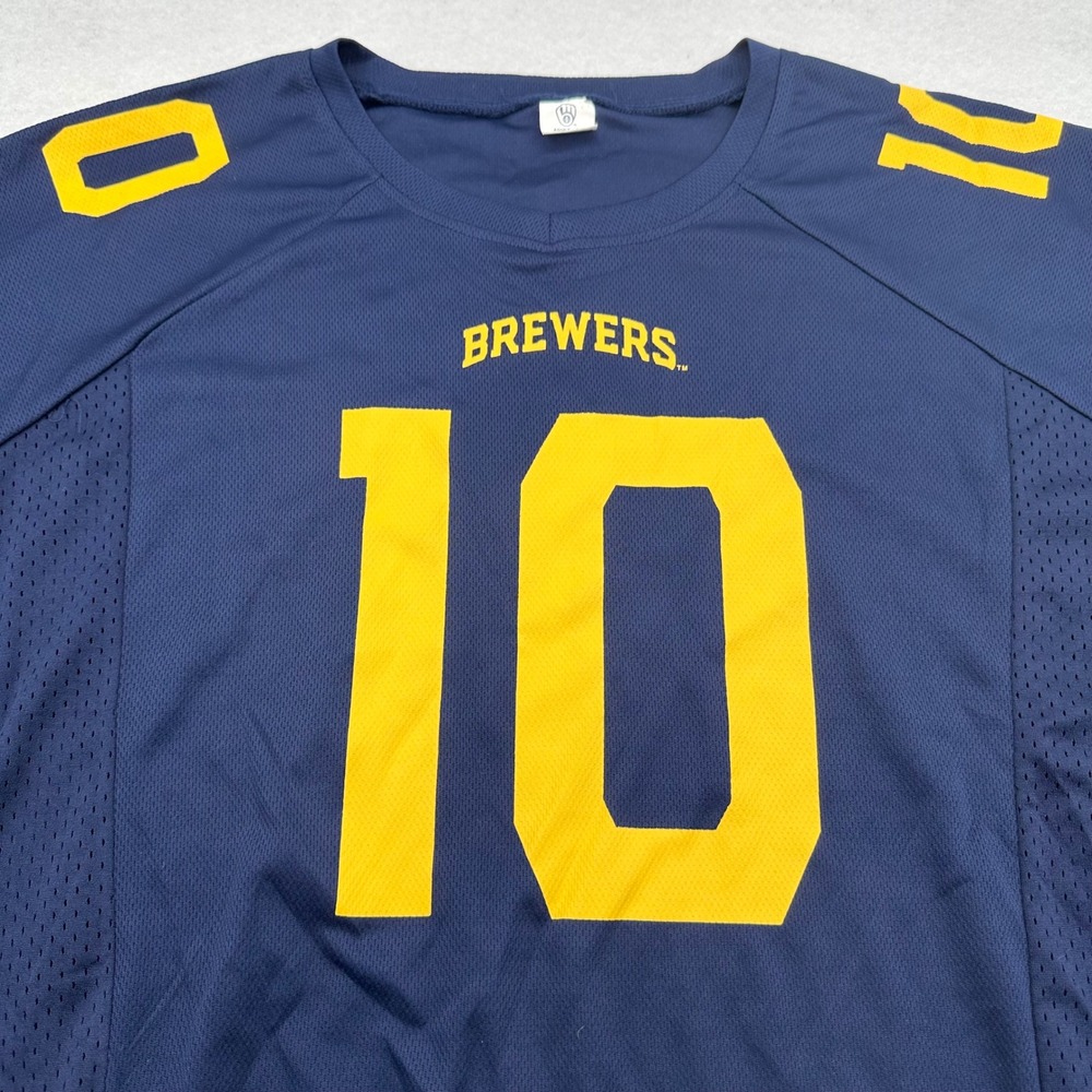 Milwaukee Brewers Jersey Adult Medium Navy Blue Yellow Number 10 Mesh Baseball